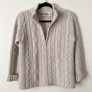 Aran Crafts 100% Merino Wool Mock Neck Zip Up Knit Cardigan Sweater